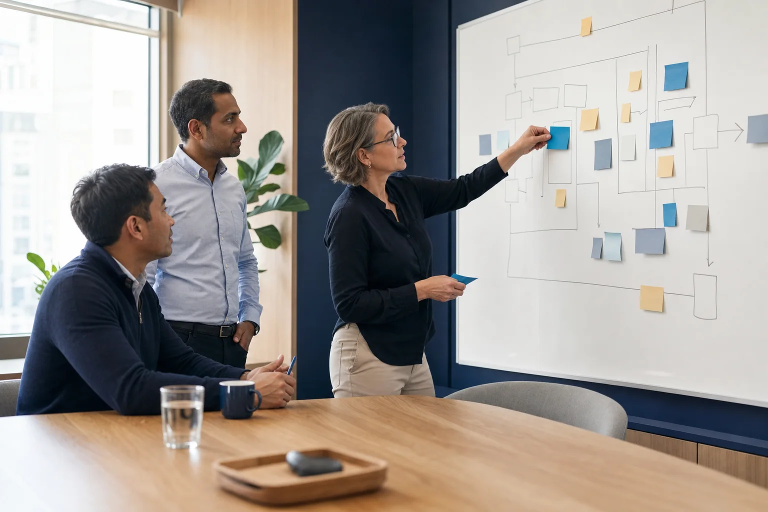 Consultants mapping an operational process together at a whiteboard