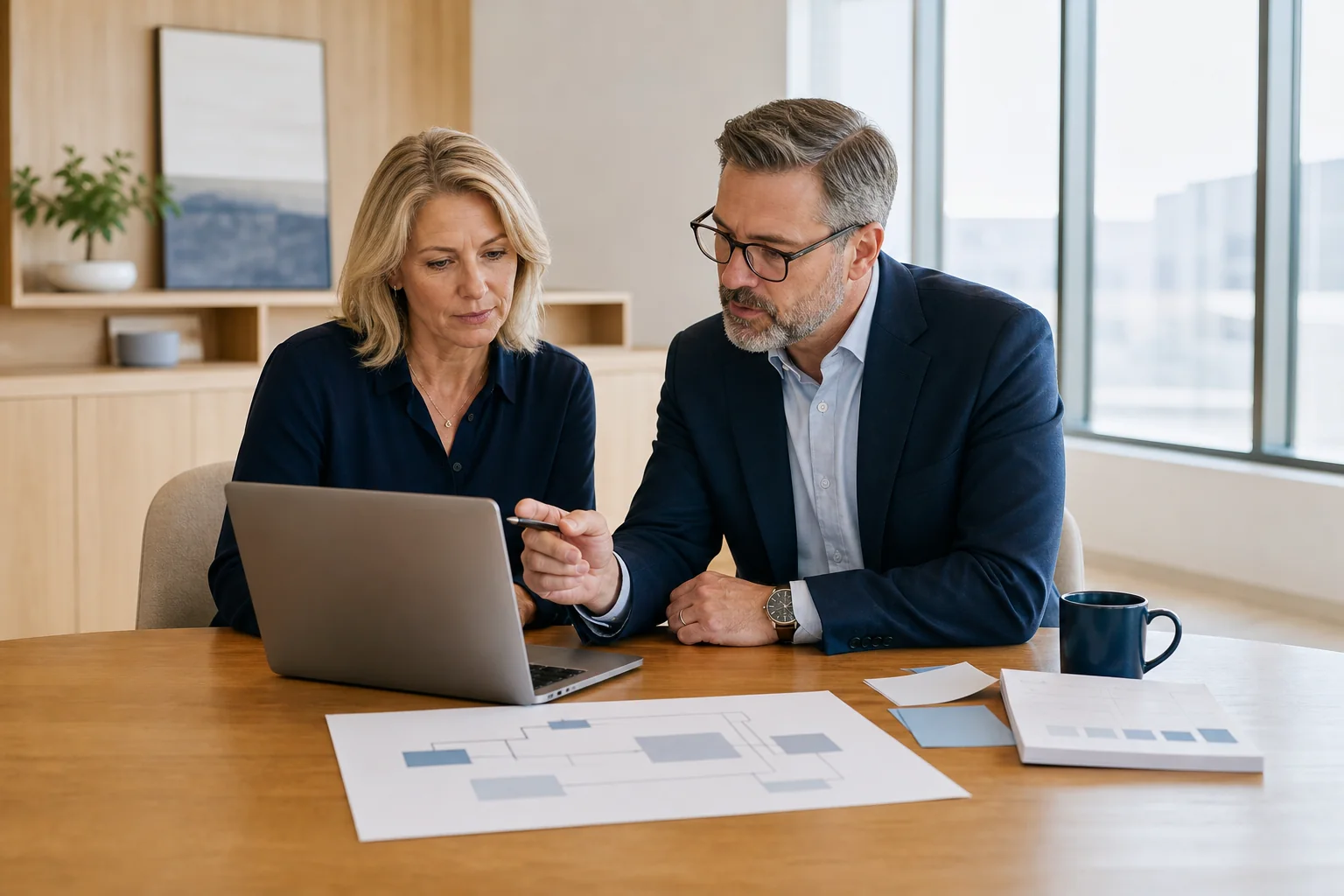 Two professionals reviewing an operational process map and current information together