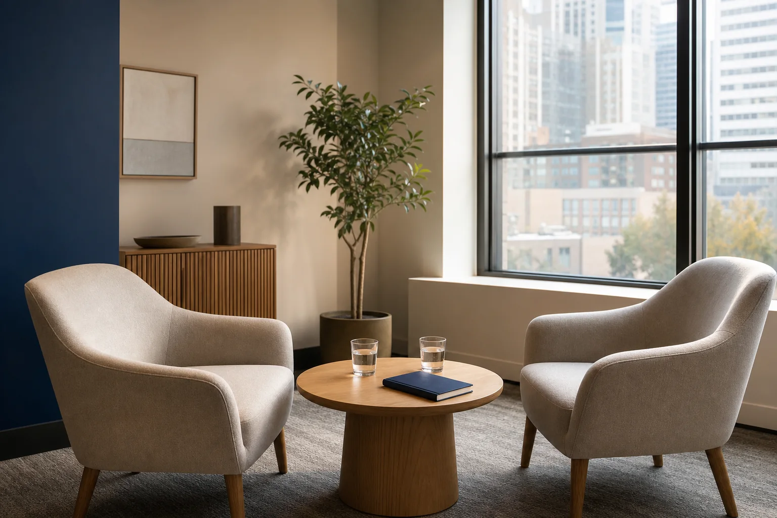 A quiet consultation space with two comfortable chairs ready for a conversation